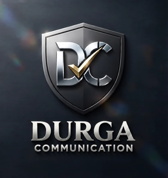 Durga Communication silver DC shield logo with gold checkmark