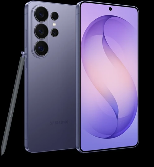 Two Galaxy S26 Ultra devices in Cobalt Violet. One is seen from the back with S Pen leaning against it. The other is seen from the main screen.