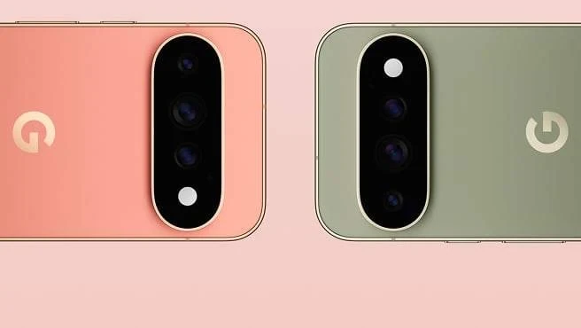 The back of two Google Pixel 11 Pro phones in Canyon and Olive, head-to-head, featuring the Pixel Camera bar.